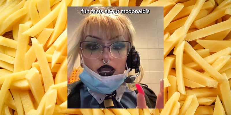 young woman with 'fun facts about mcdonald's' caption over french fry background