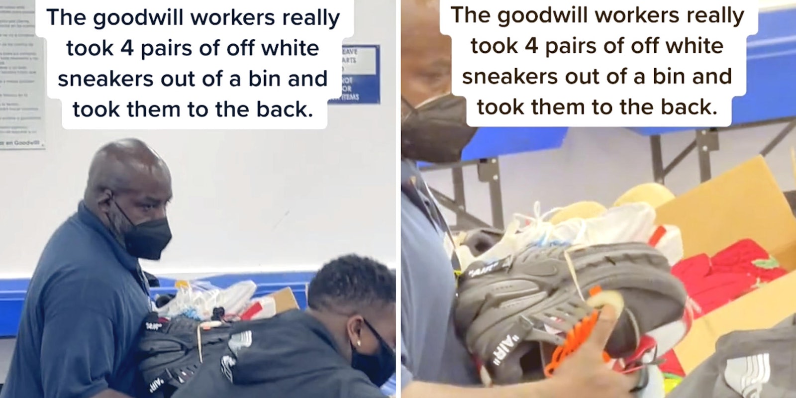 goodwill employee handling shoes and carrying them to a bin