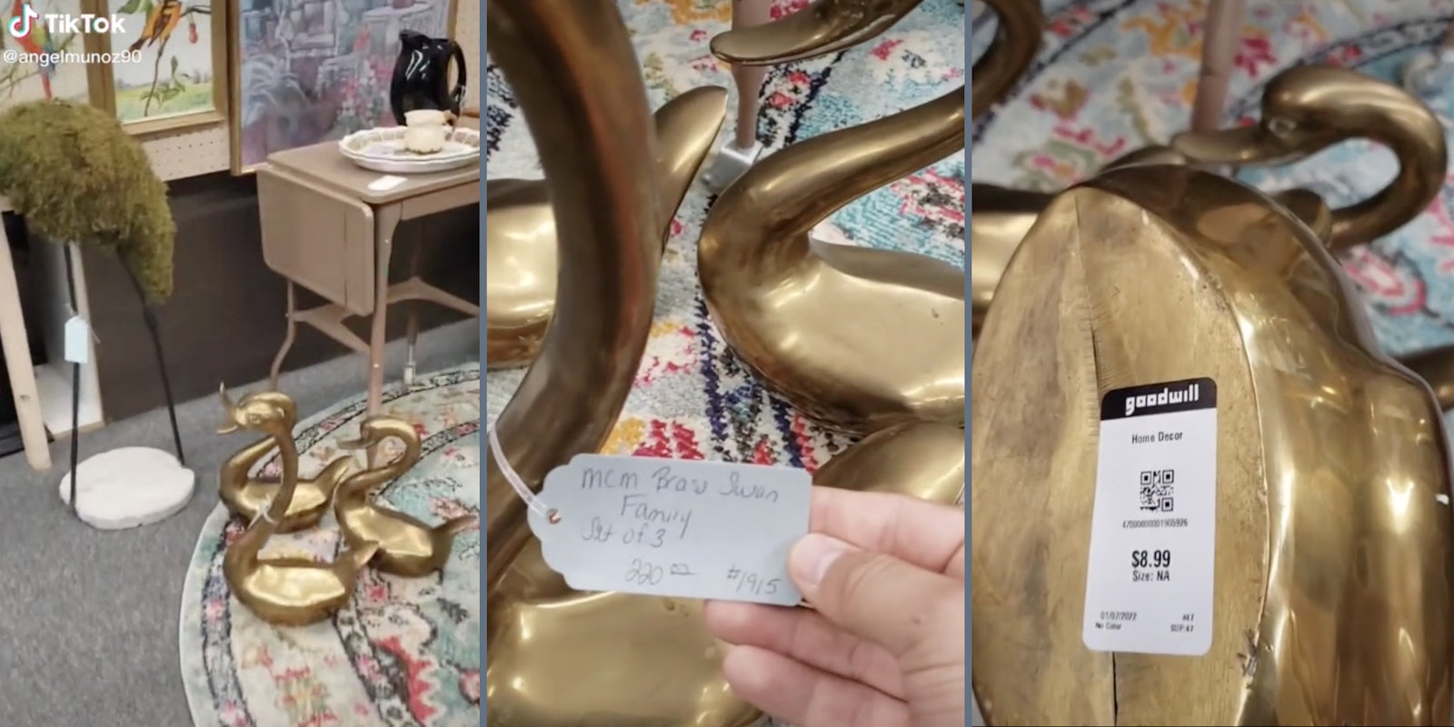 Brass swans (L), price tag for $220 (M), Goodwill price tag for $8.99 (R)