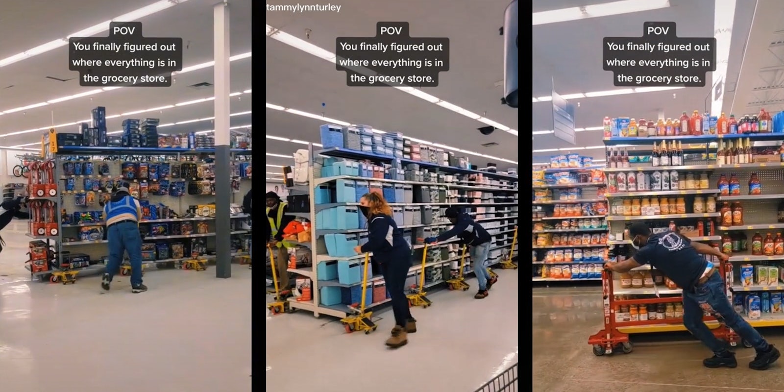 workers sliding stocked shelves into place with caption 'POV you finally figured out where everything is in the grocery store'