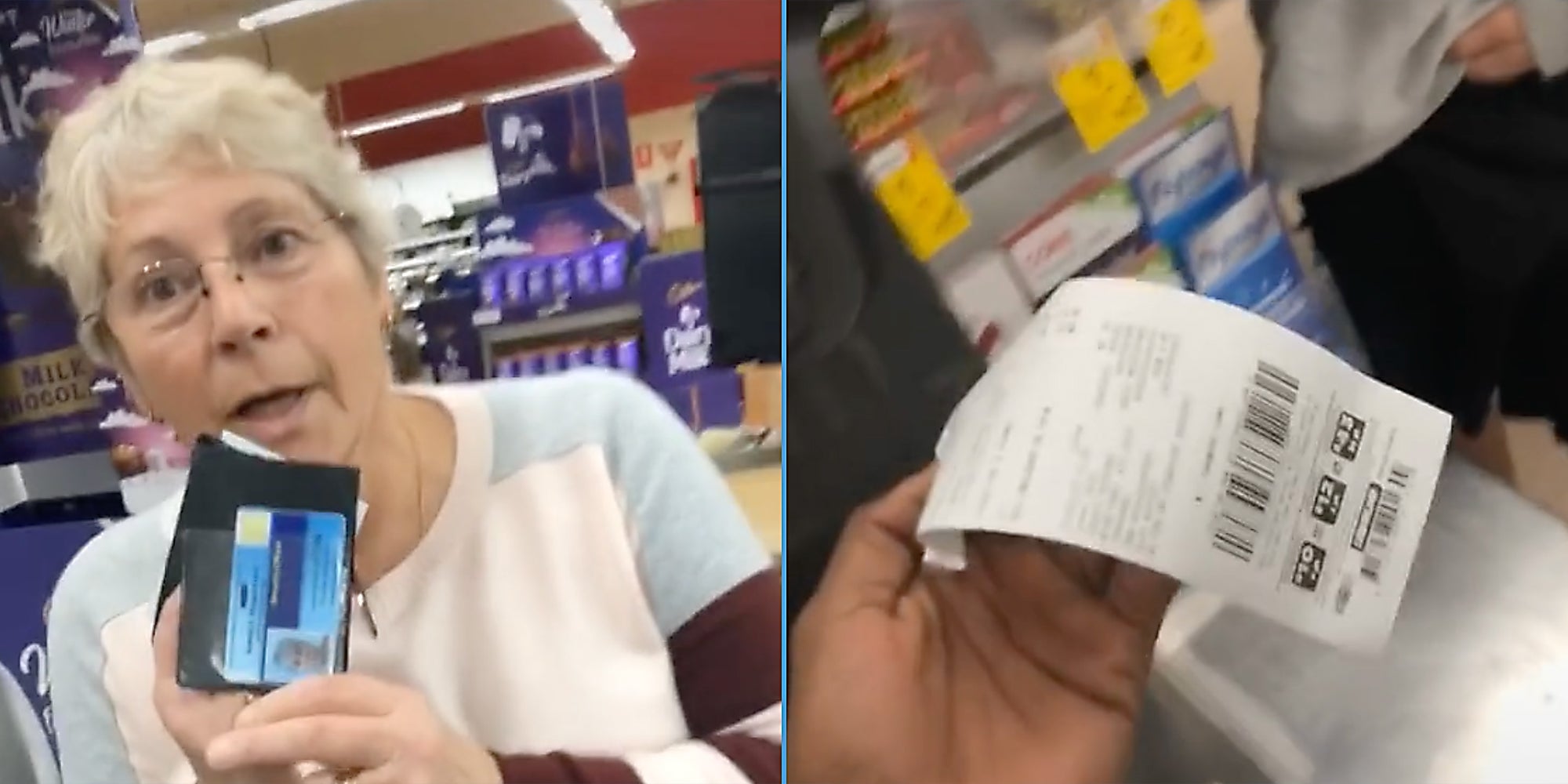 A woman holding an ID card (L) and a man holding a receipt (R).