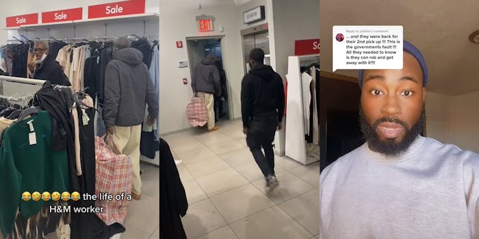 men walking through store with bags and caption "the life of a H&M worker" (l) men walking out of emergency exit followed by employee (c) man speaking with caption "...and they were back for their 2nd pick up!!! this is the governments fault! all they needed to know is they can rob and get away with it??"