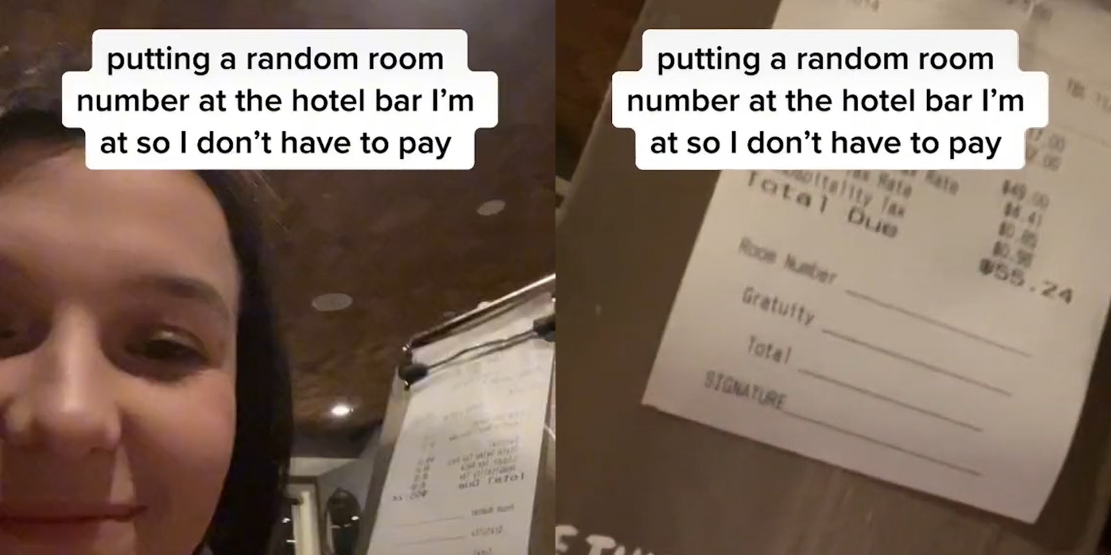 young woman smiling with receipt and caption 'putting a random room number at the hotel bar I'm at so I don't have to pay'