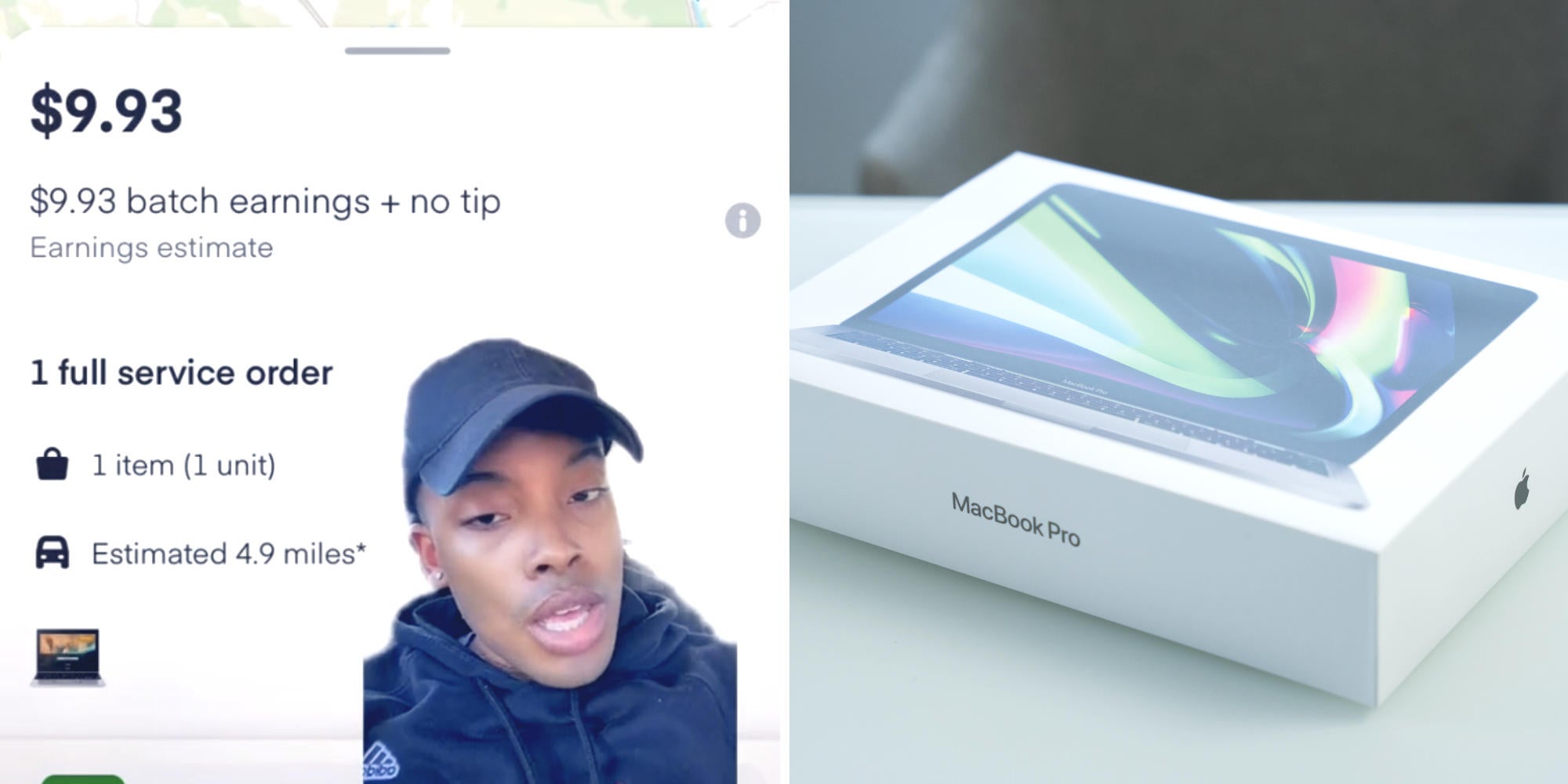 screenshot of an instacart delivery page with a man's face overlaid on it (l) photo of a macbook computer (r)
