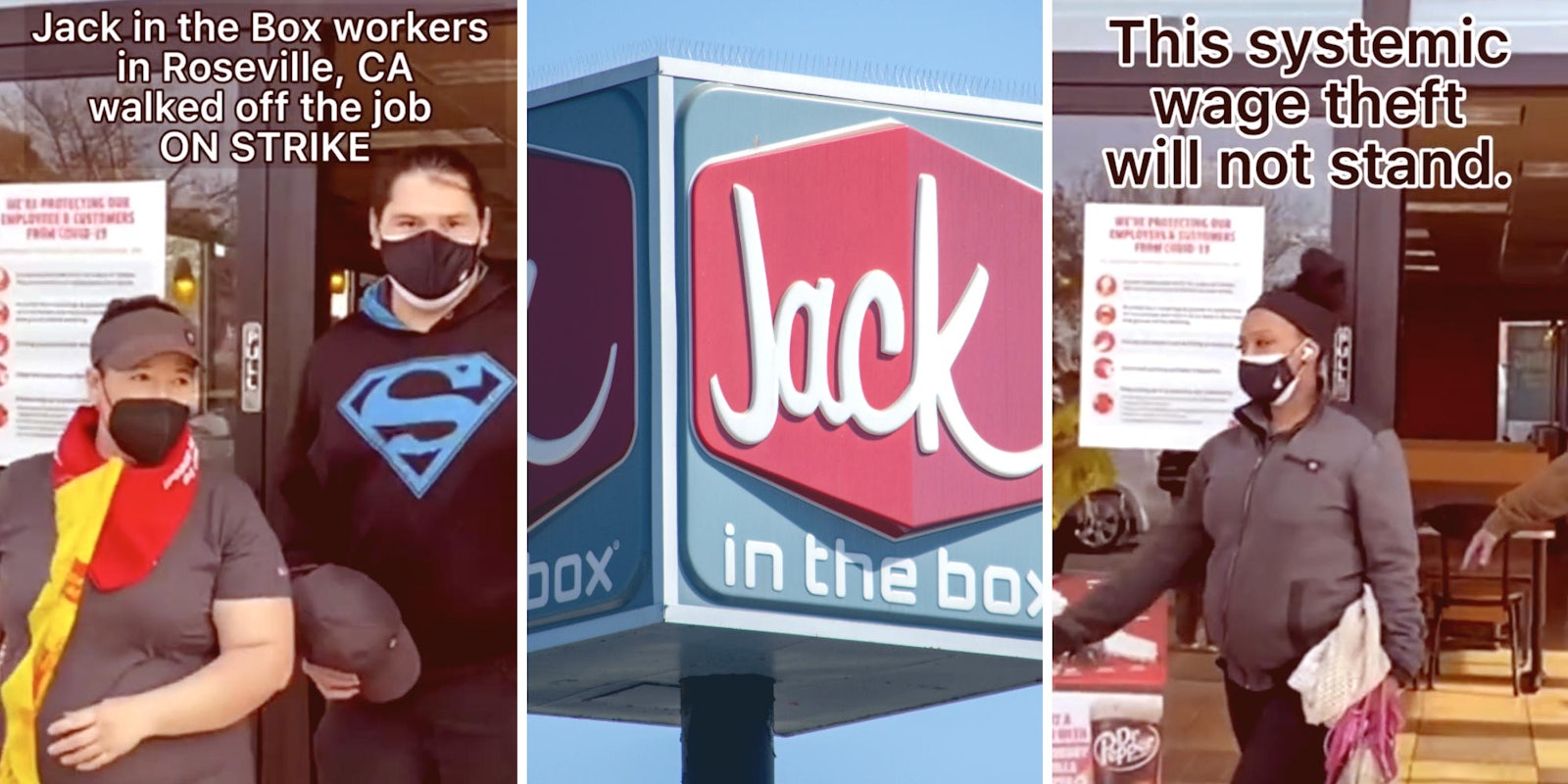 jack in the box workers leaving the restaurant (l) jack in the box logo (m) jack in the box worker leaving the restaurant (r)