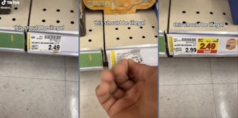 A price tag for Velveeta for $2.49 (L), A man taking off the price tag (M), A price tag for Velveeta for $2.99 with a sale of $2.49 (R)