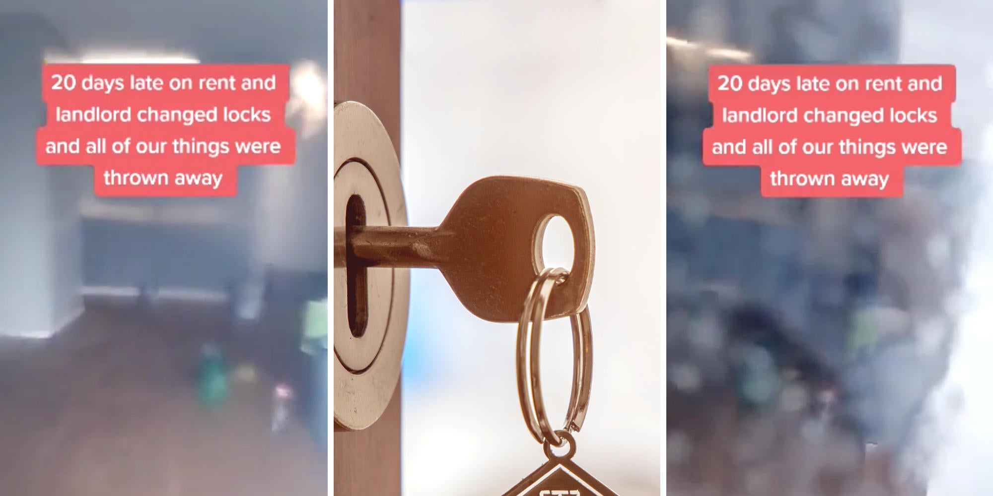 photo of the inside of a completely bare apartment (l) (r) photo of a lock and key (m)