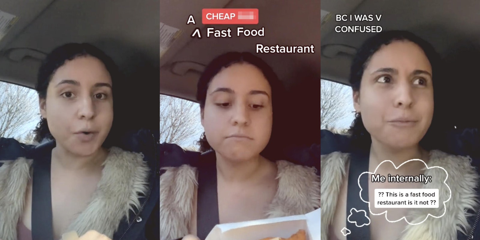 three photos of a woman holding fast food and making confused expressions