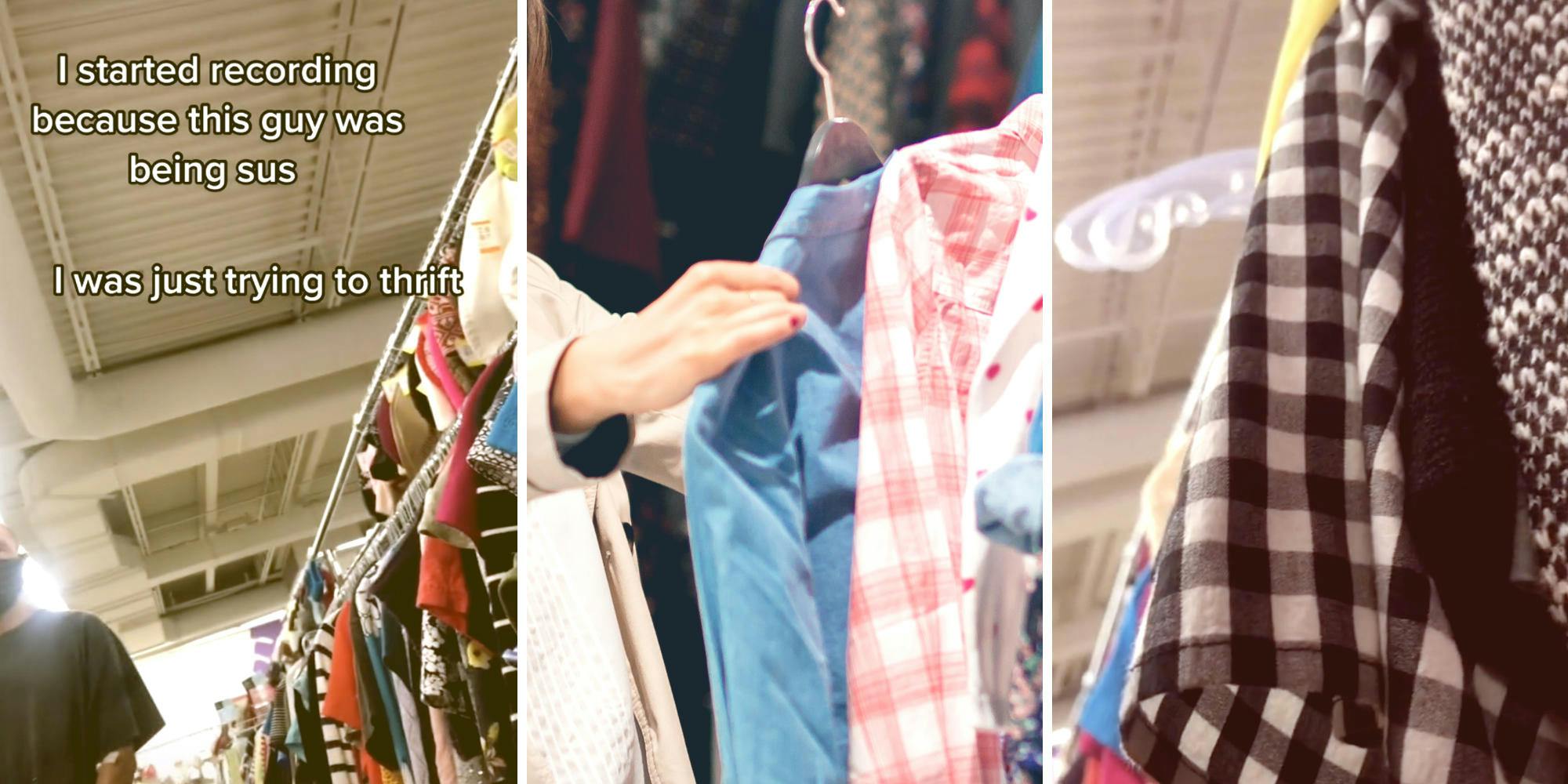 man approaching someone at a thrift store (l) photo of a woman shopping (m) photo of clothes at a thrift store (r)