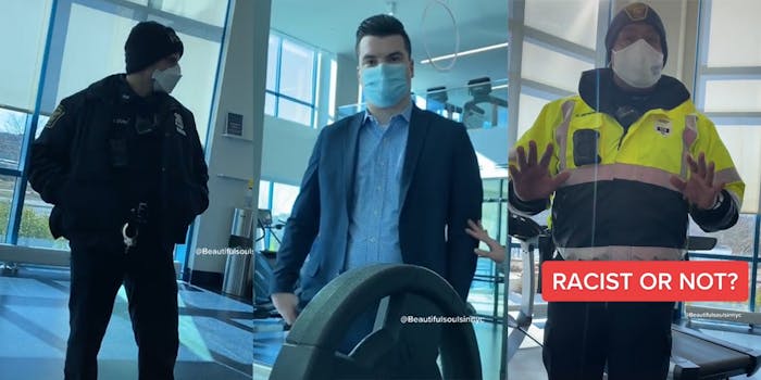 police officers and man in suit with mask inside gym, with caption "Racist or not?"