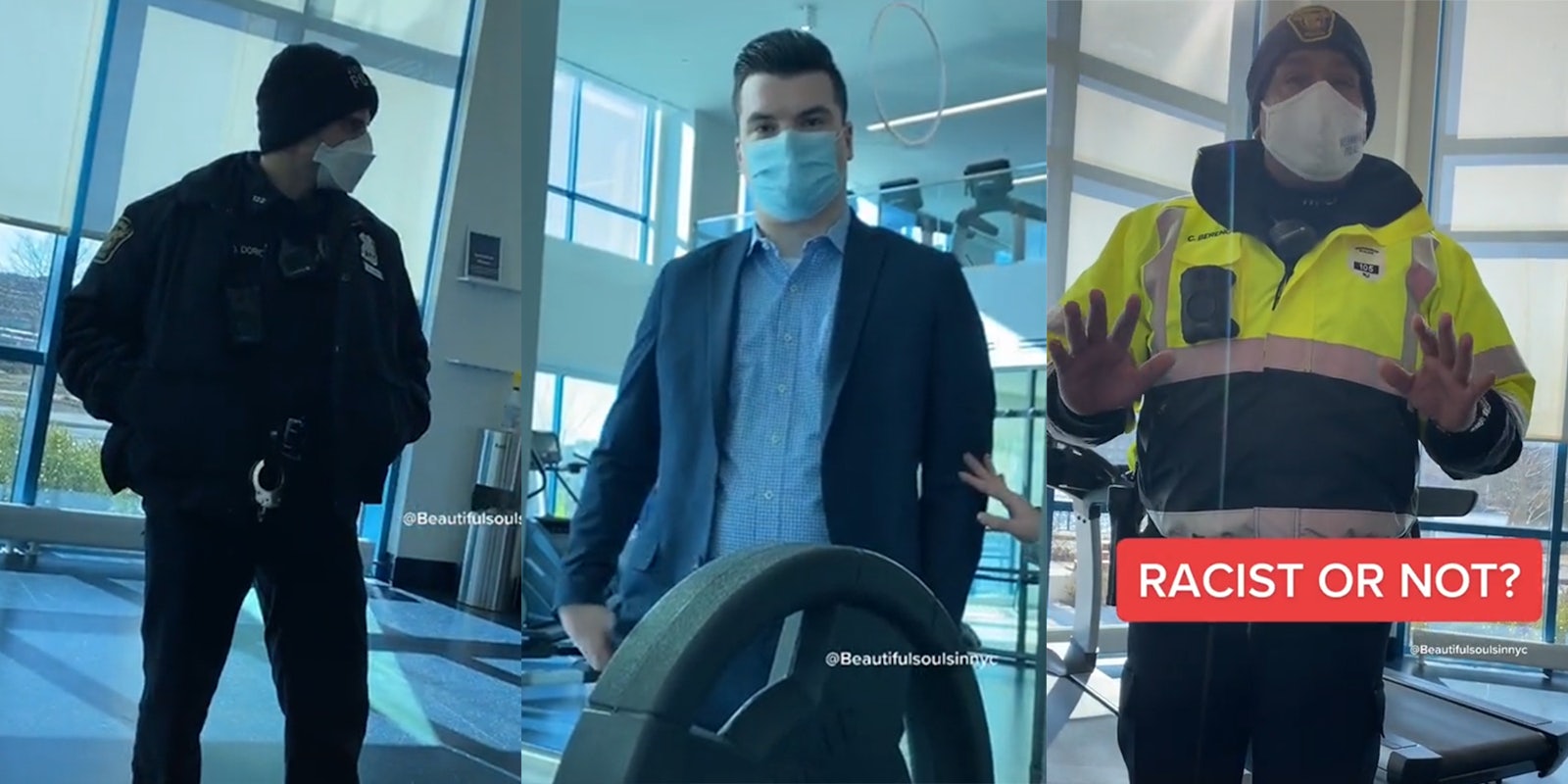 police officers and man in suit with mask inside gym, with caption 'Racist or not?'