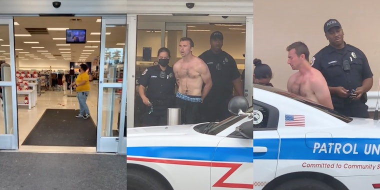 Man being escorted out of a Marshalls by police.