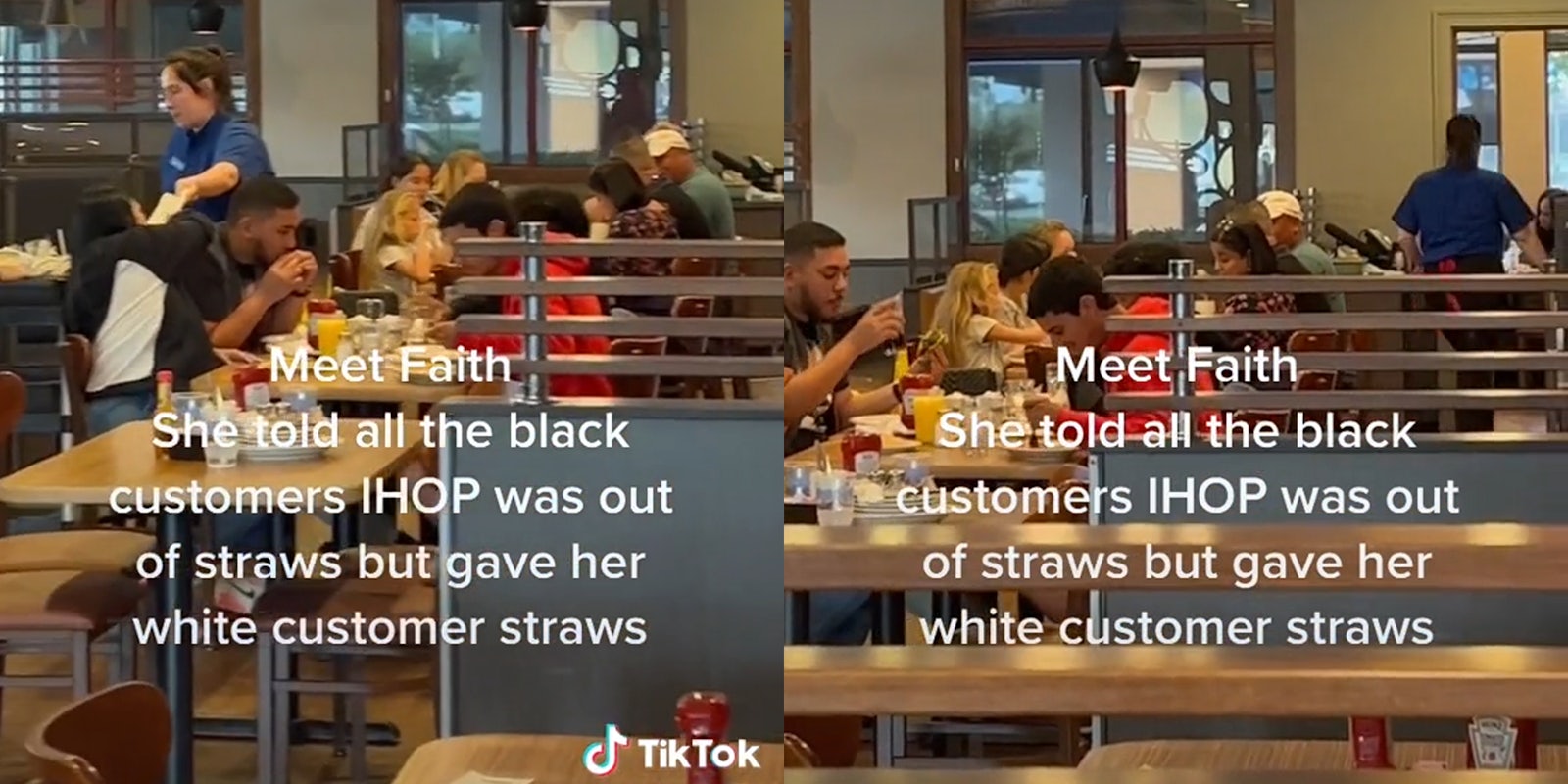 IHOP restaurant with caption 'Meet Faith She told all the black customers IHOP was out of straws but gave her white customer straws'