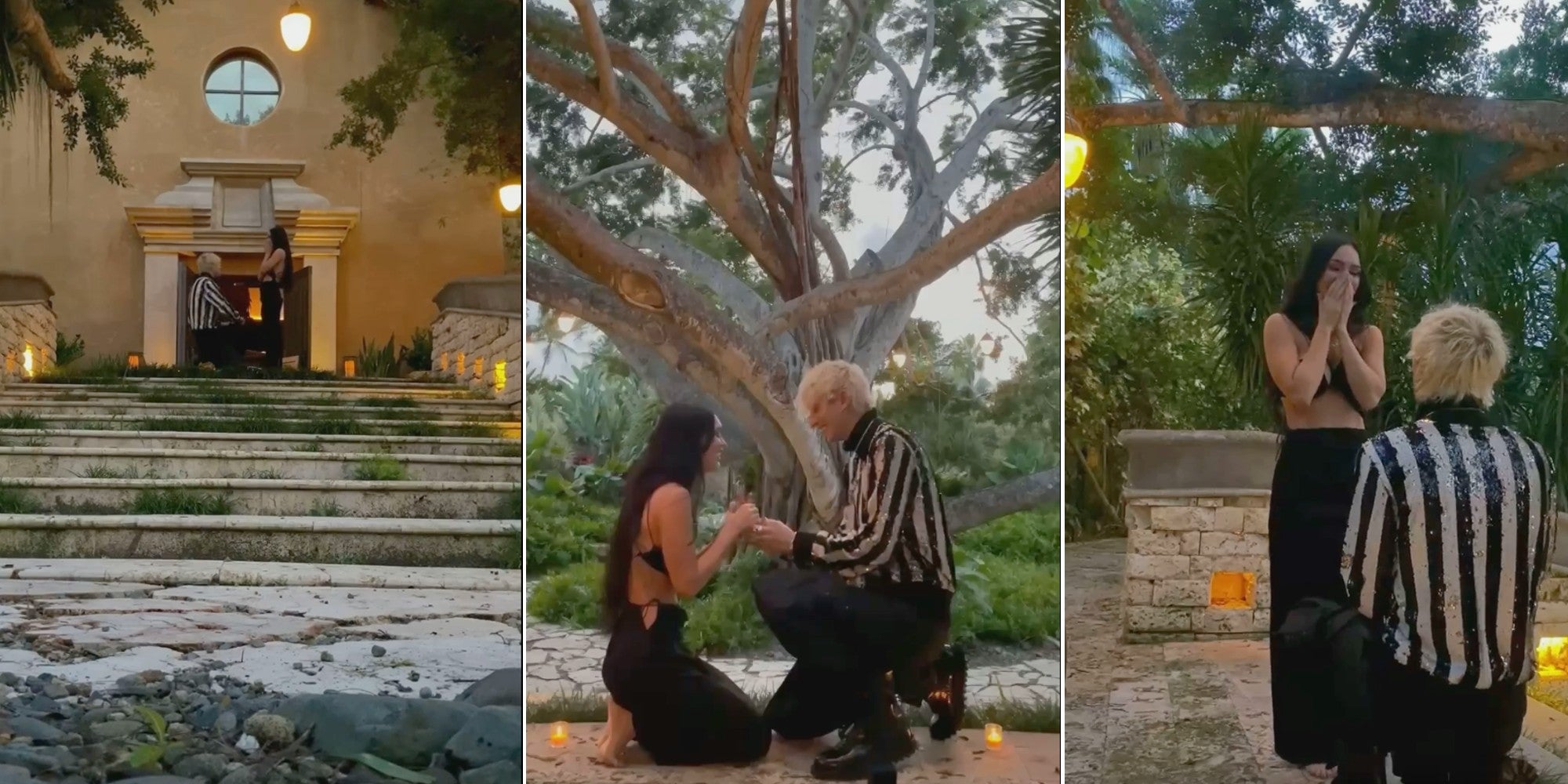 three stills from the video of machine gun kelly proposing to megan fox under a tree