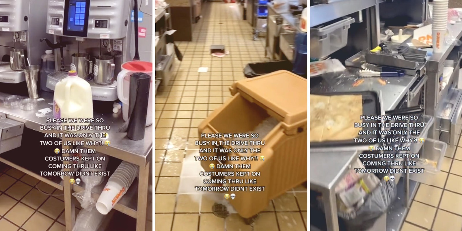 three photos of a dunkin workplace absolutely trashed