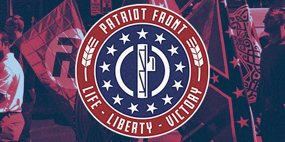 patriot front logo over background of people marching with nazi, confederate and gadsden flags