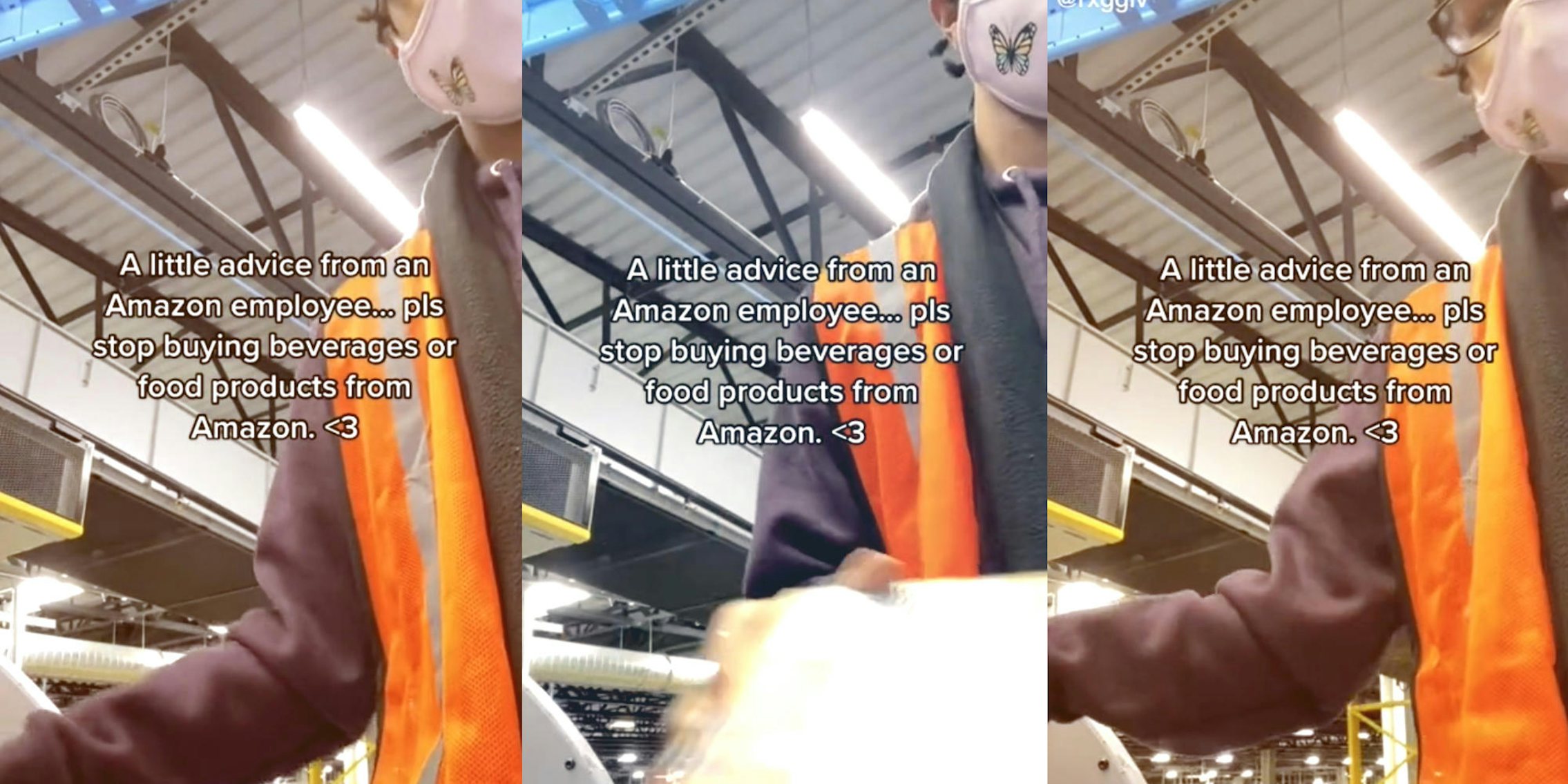 three photos of a woman scanning packages of beverages at an Amazon shipping warehouse