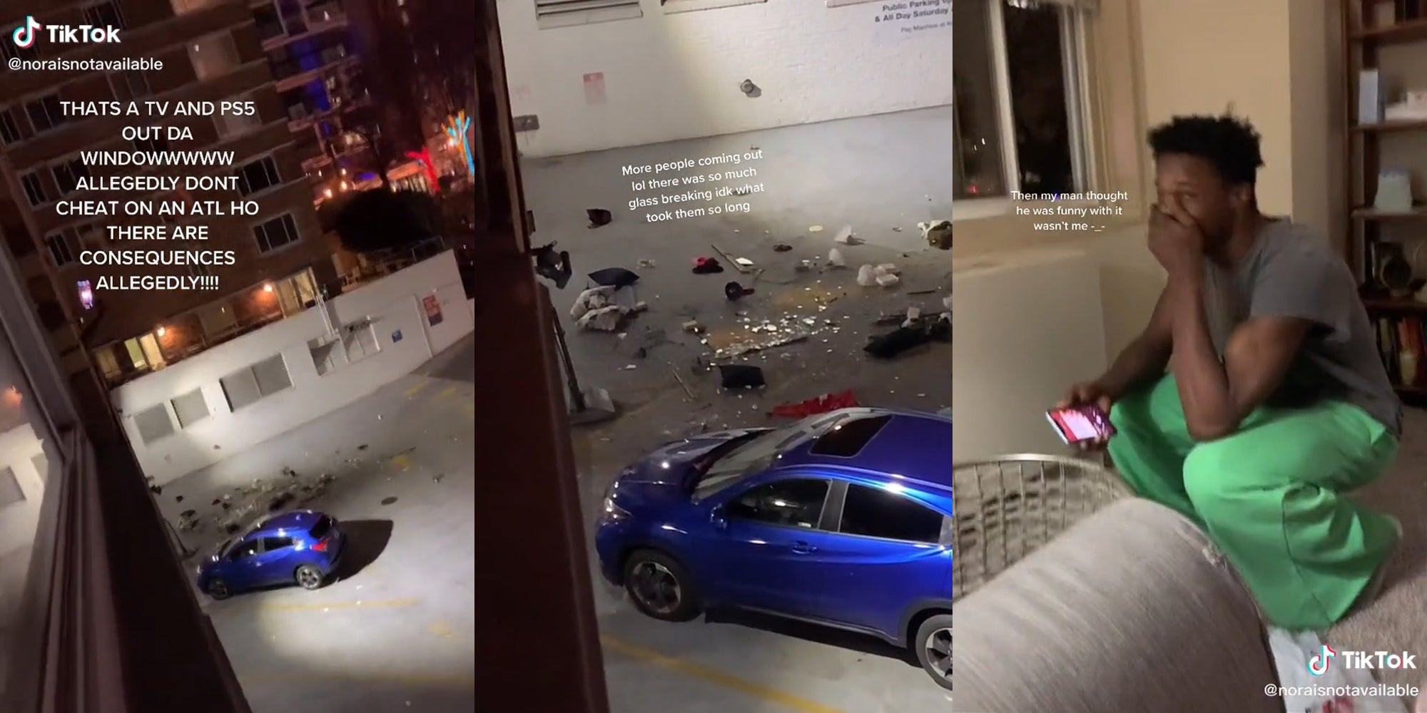 apartment parking lot with car and belongings with caption 'that's a tv and ps5 out da windowwww allegedly don't cheat on an atl ho there are consequences allegedly!!'