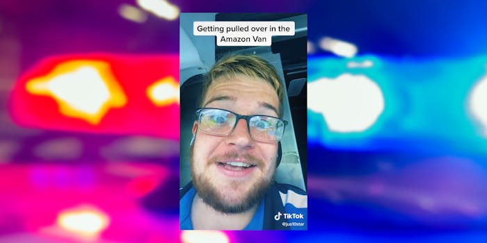man driving with caption "getting pulled over in the Amazon Van" with police light background