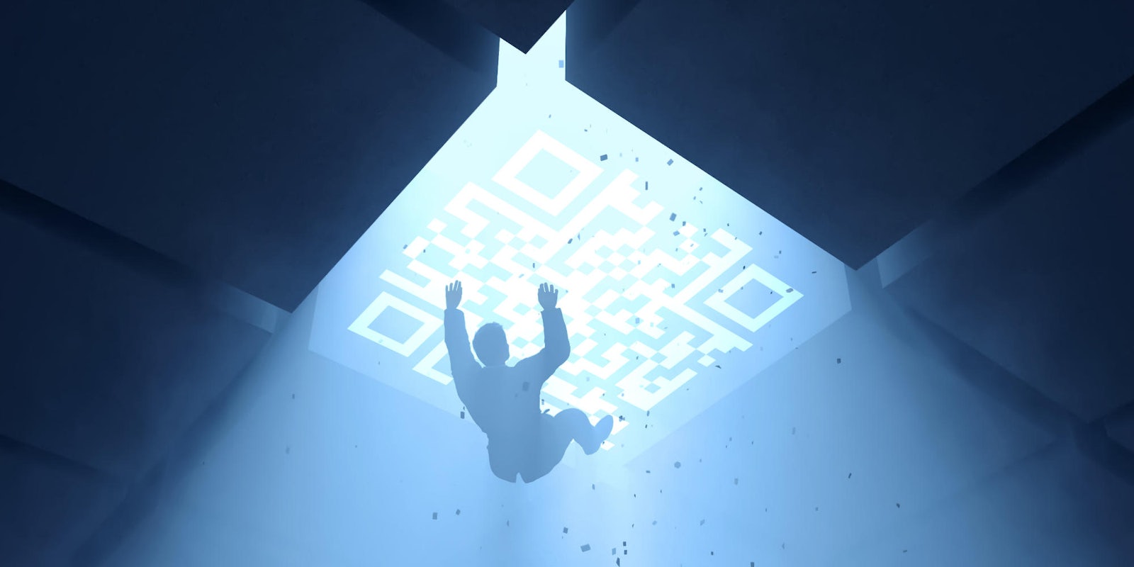 image of a man falling through a hole that looks like a QR code