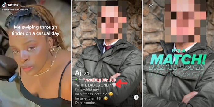 woman with caption "me swiping through tinder on a casual day" (l) tinder profile man with arms crossed and face digitally altered into a mosaic and bio WHITE LADIES ONLY (c) same man with "It's a match!" overlay