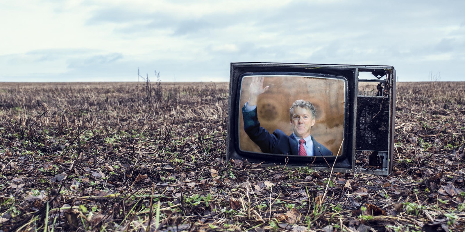 photo of a broken tv displaying the image of rand paul