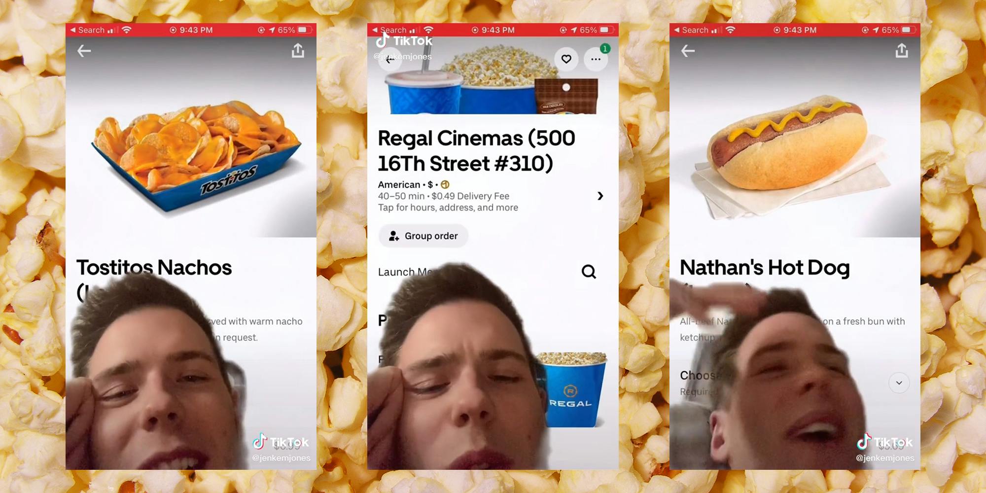 young man in front of tostitos nachos, nathan's hot dog, and regal cinemas uber eats landing pages