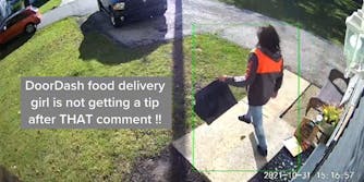 doordash worker walking away from house with caption "DoorDash food delivery girl is not getting a tip after THAT comment!!"