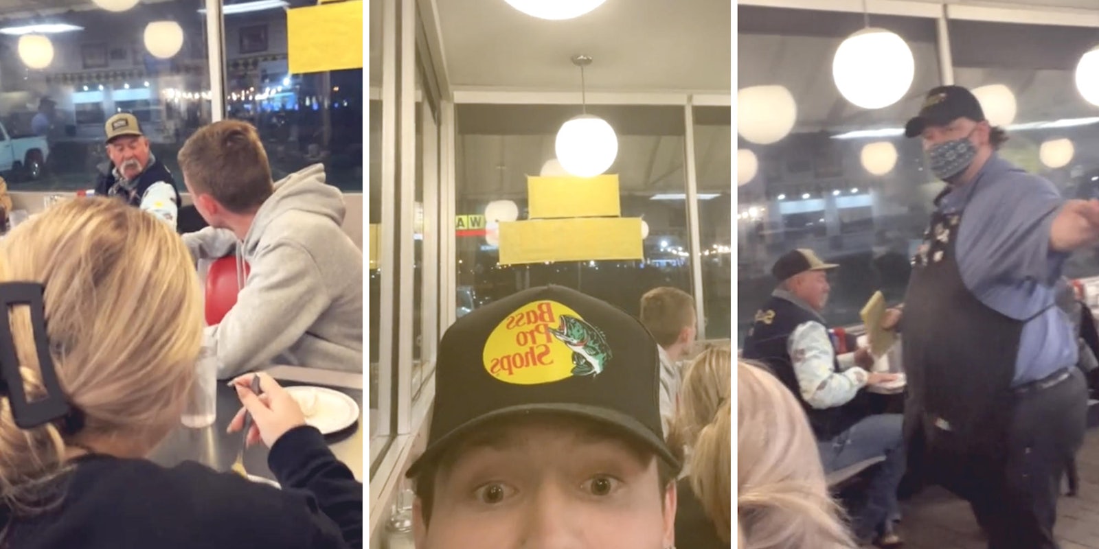some customers at waffle house arguing (l) the tiktok user looking surprised (m) waffle house waiter heading over to the area to calm people down (r)