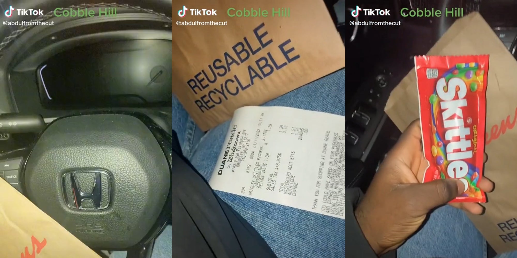 doordash driver with walgreens bag and receipt in lap, holding bag of skittles