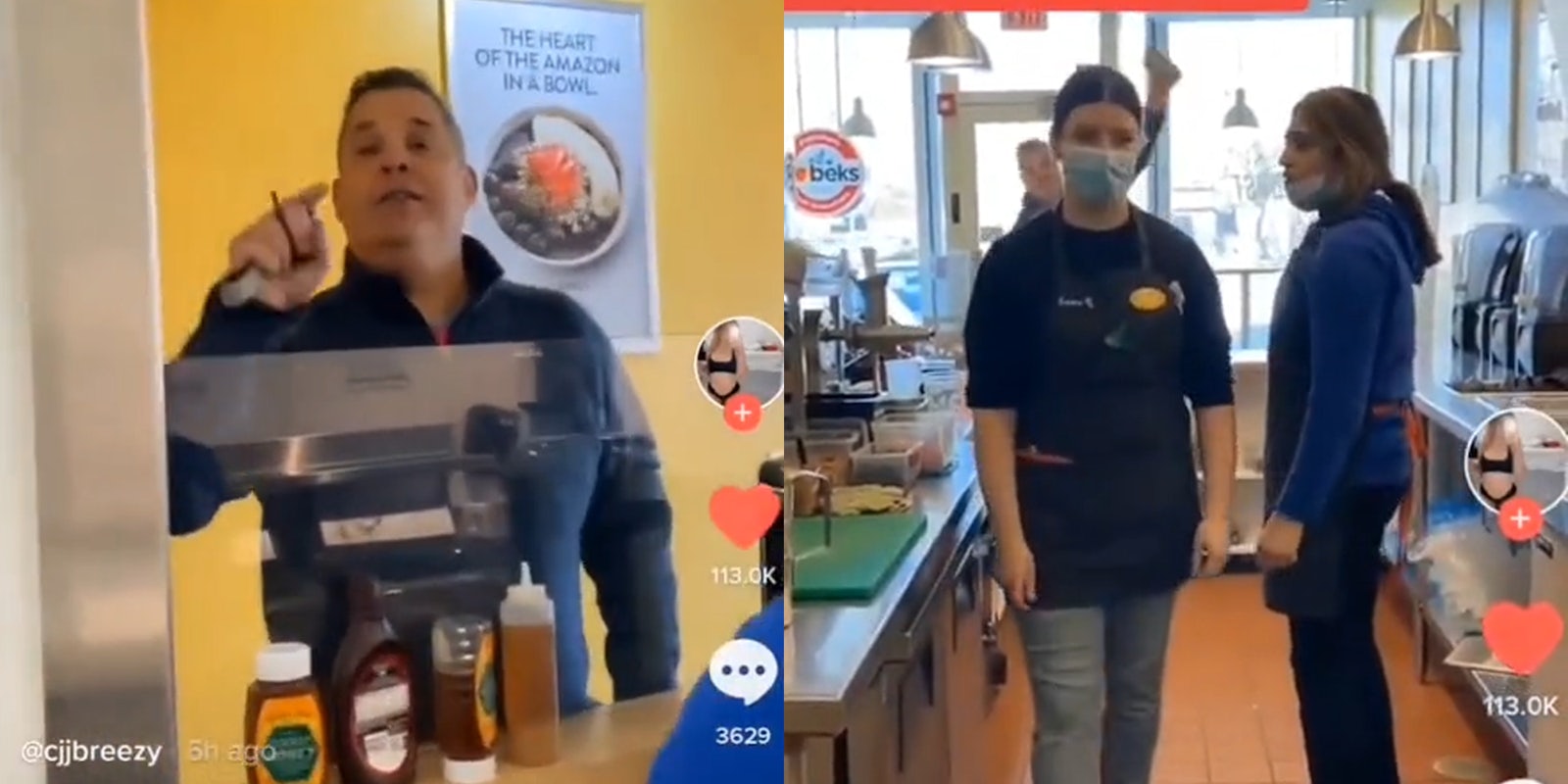 Man pointing finger (l) man throwing smoothie at young women employees (r)
