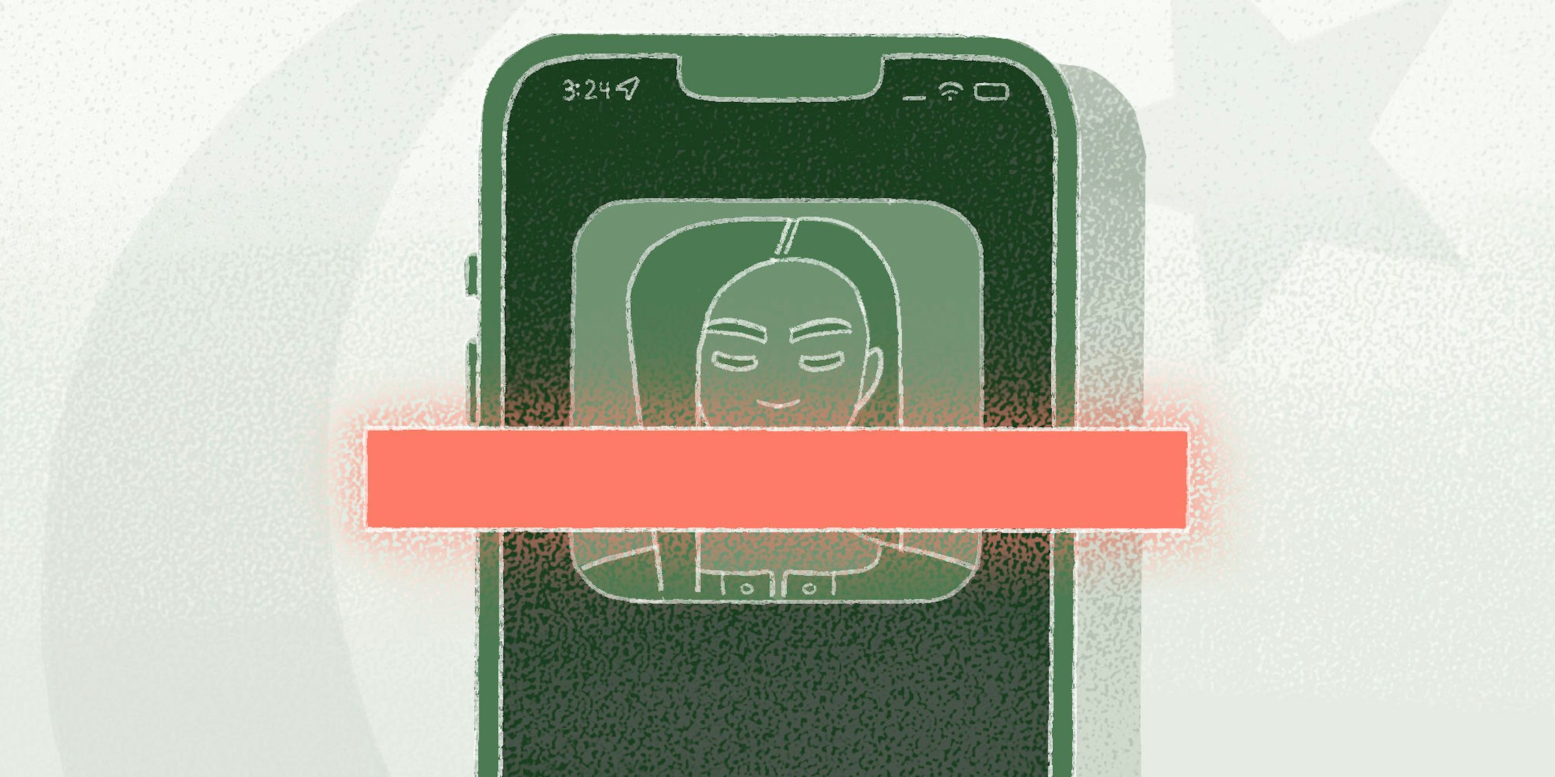 illustration of a woman avatar on a smarphone screen with a censor bar censoring her mouth
