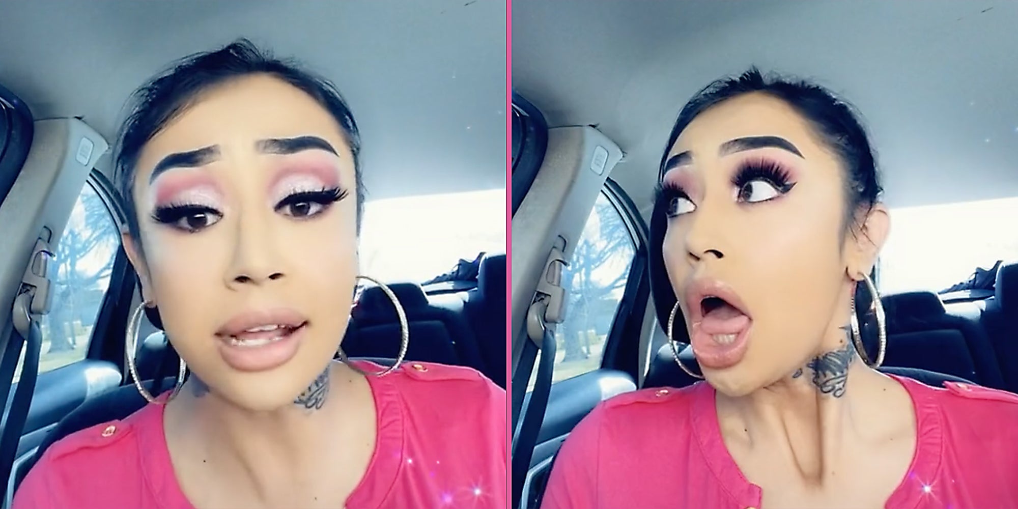 A woman freaking out to the camera.