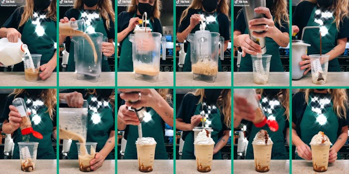starbucks worker shows all the steps to making a frappuccino