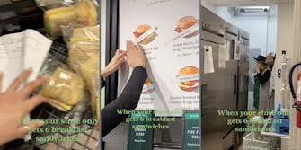 Packaged sandwiches from Starbucks. Sign advertising sandwiches. Woman eating sandwich.