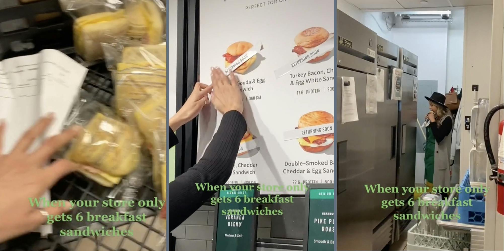 Packaged sandwiches from Starbucks. Sign advertising sandwiches. Woman eating sandwich.
