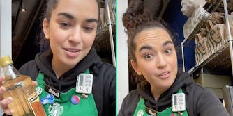 A Starbucks employee talking to camera.