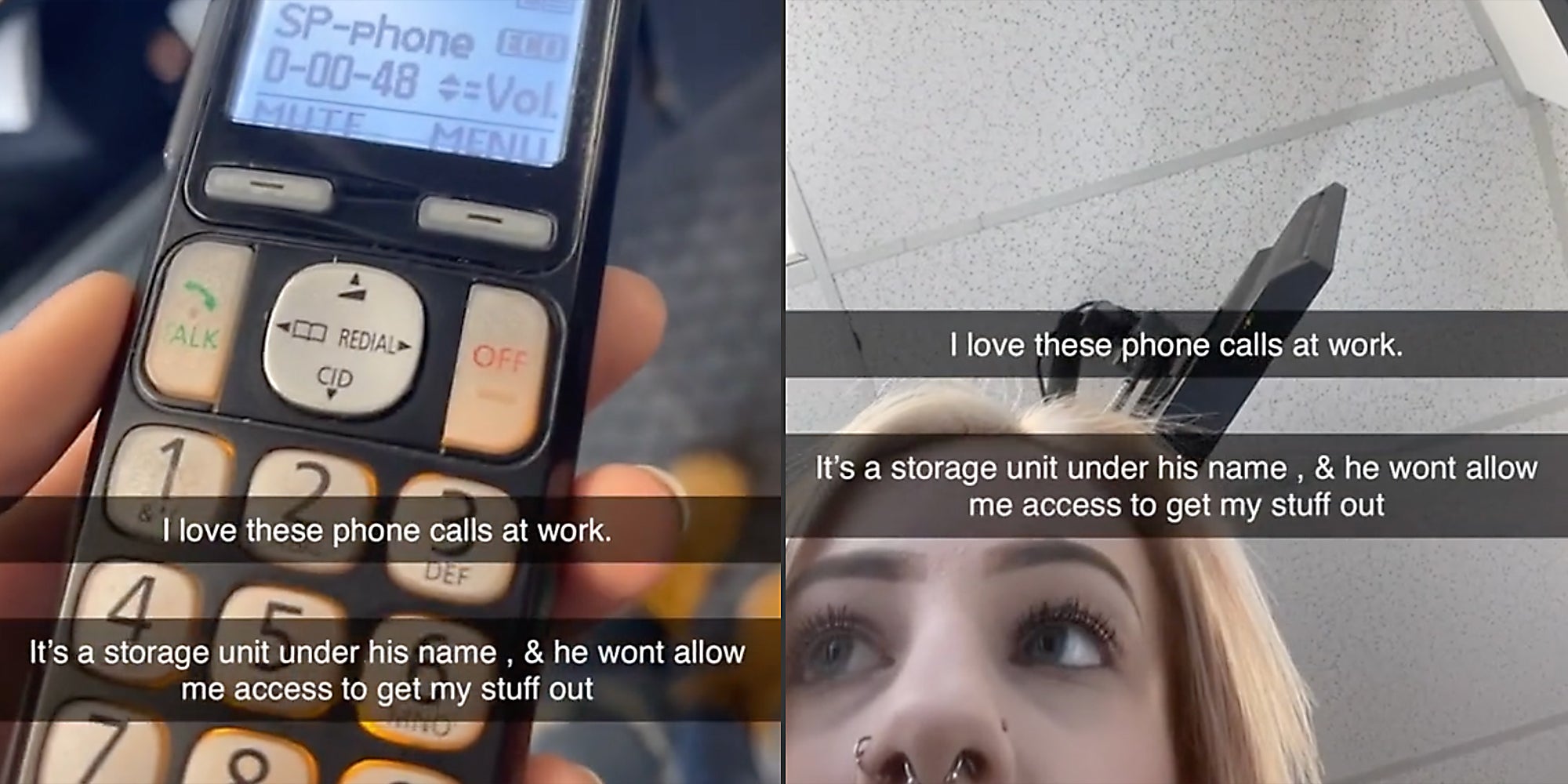 A phone (L) and a woman looking off camera (R).