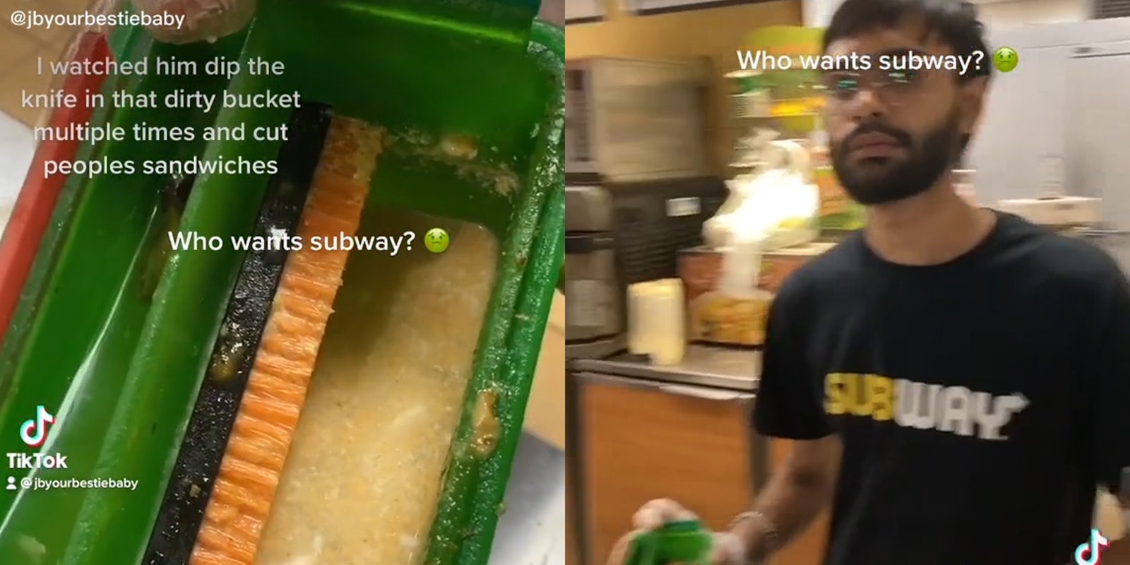 bucket of dirty water with caption 'I watched him dip the knife in that dirty bucket multiple times and cut peoples sandwiches. Who wants subway?' (l) subway worker holding bucket (r)