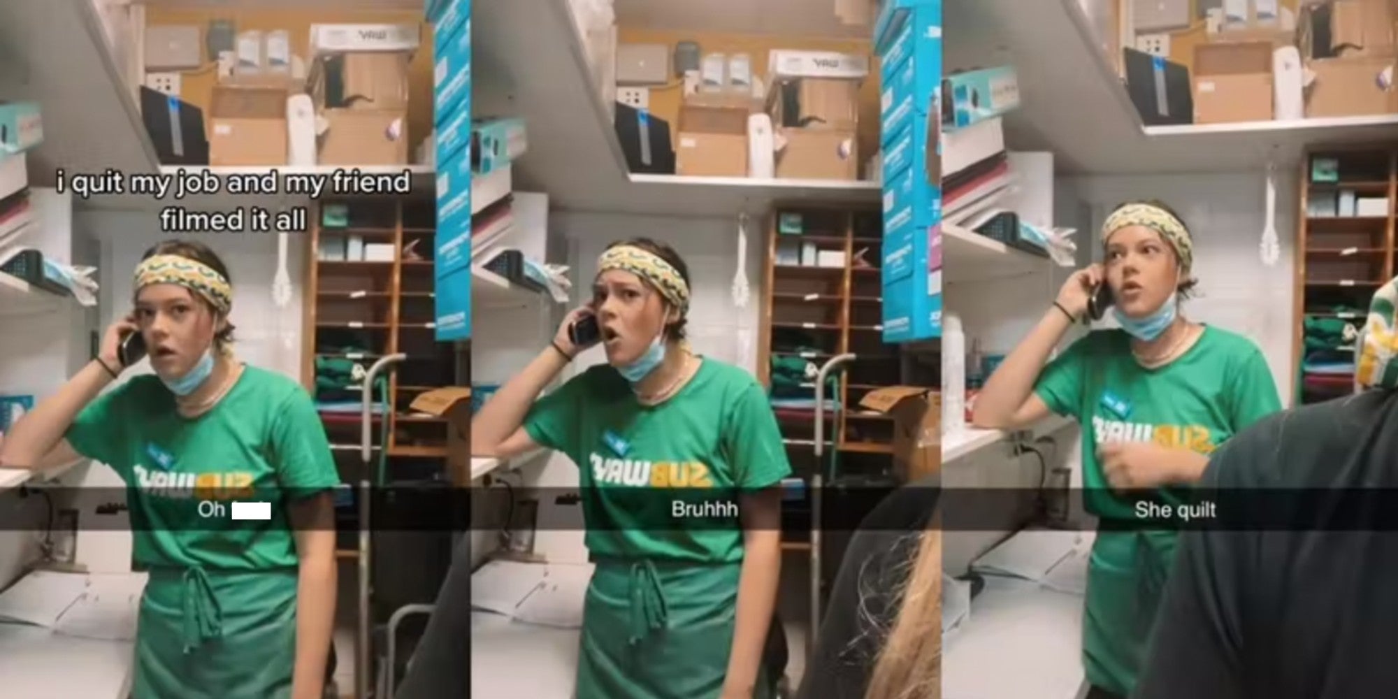 Subway worker speaks on the phone.