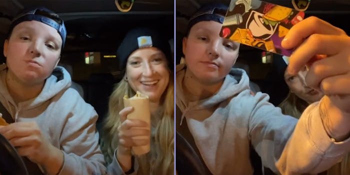 Two women in a car eating burritos.