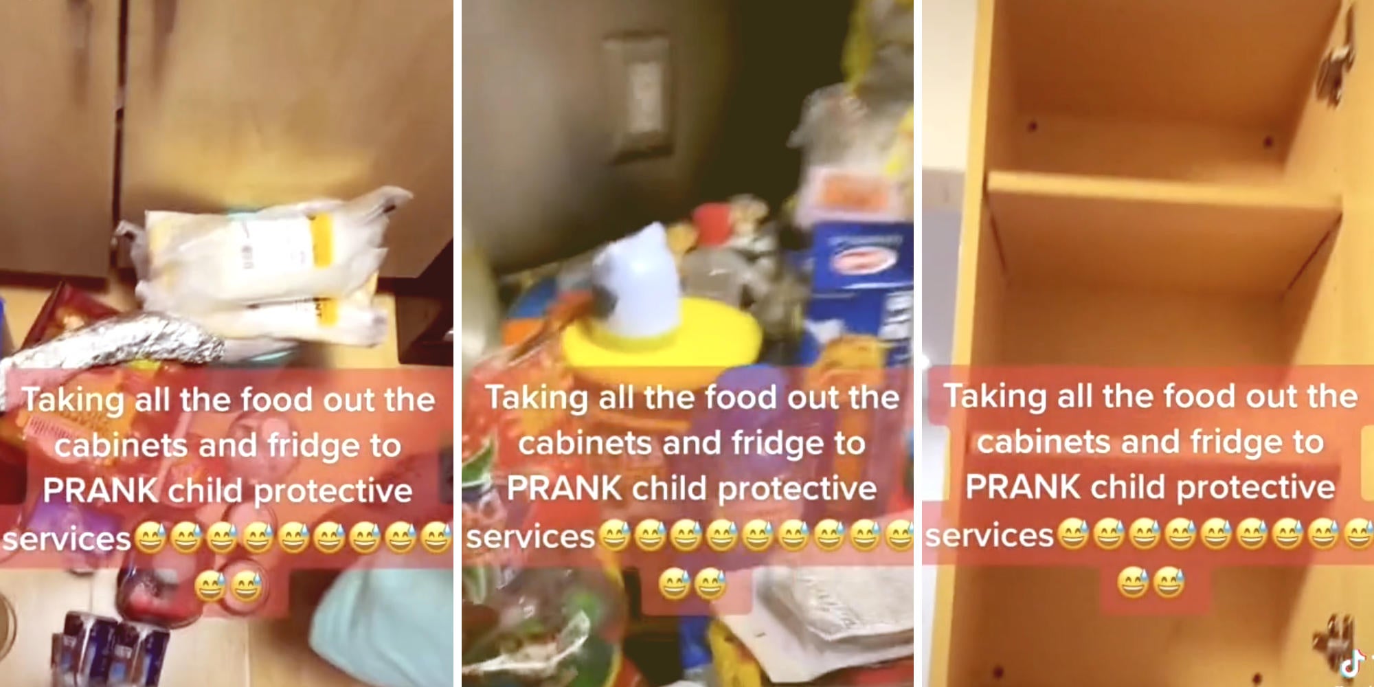Three photos of pantry food strewn about in a kitchen