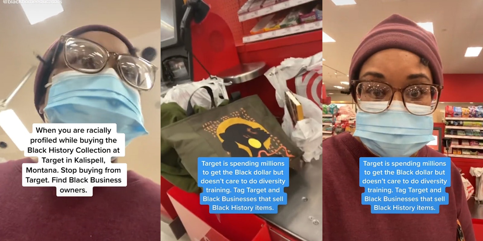 Young woman at Target with captions 'When you are racially profiled while buying the Black History Collection at Target in Kalispell, Montana. Stop buying from Target. Find Black Business owners.' and 'Target is spending millions to get Black dollar but doesn't care to do diversity training. Tag Target and Black Businesses that sell Black History items.'