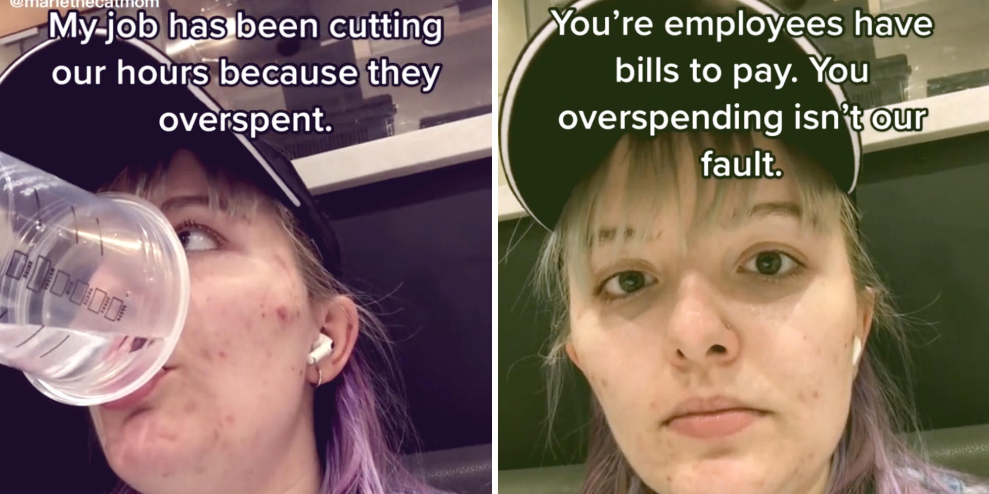 target employee taking a sip of water (l) target employee looking directly at the camera (r)