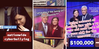 teen girl crying (l) photo of teen girl posing for a picture with jeopordy host (m) teen girl in another picture with jeopardy host (r)