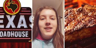 photo of the texas roadhouse sign (l) photo of a woman talking to the camera (m) photo of a steak (r)