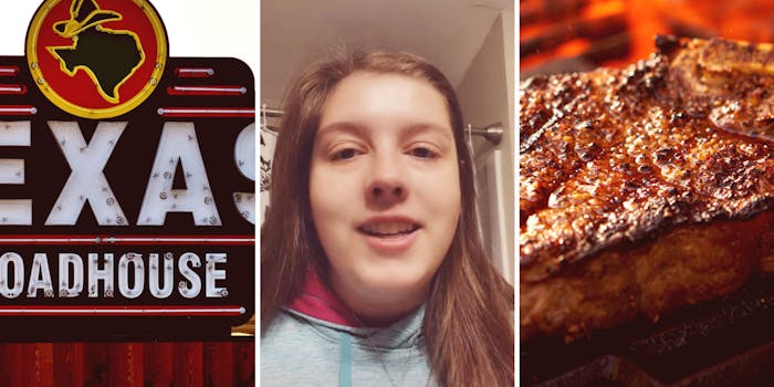 photo of the texas roadhouse sign (l) photo of a woman talking to the camera (m) photo of a steak (r)