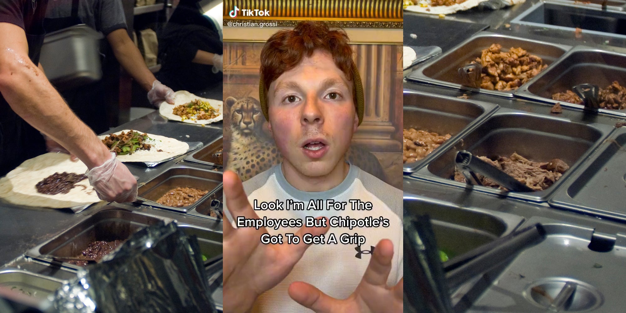 worker prepares Chipotle (l) man in beanie with caption 'look i'm all for the employees but chipotle's got to get a grip' (c) tongs in food service bins with ingredients (r)