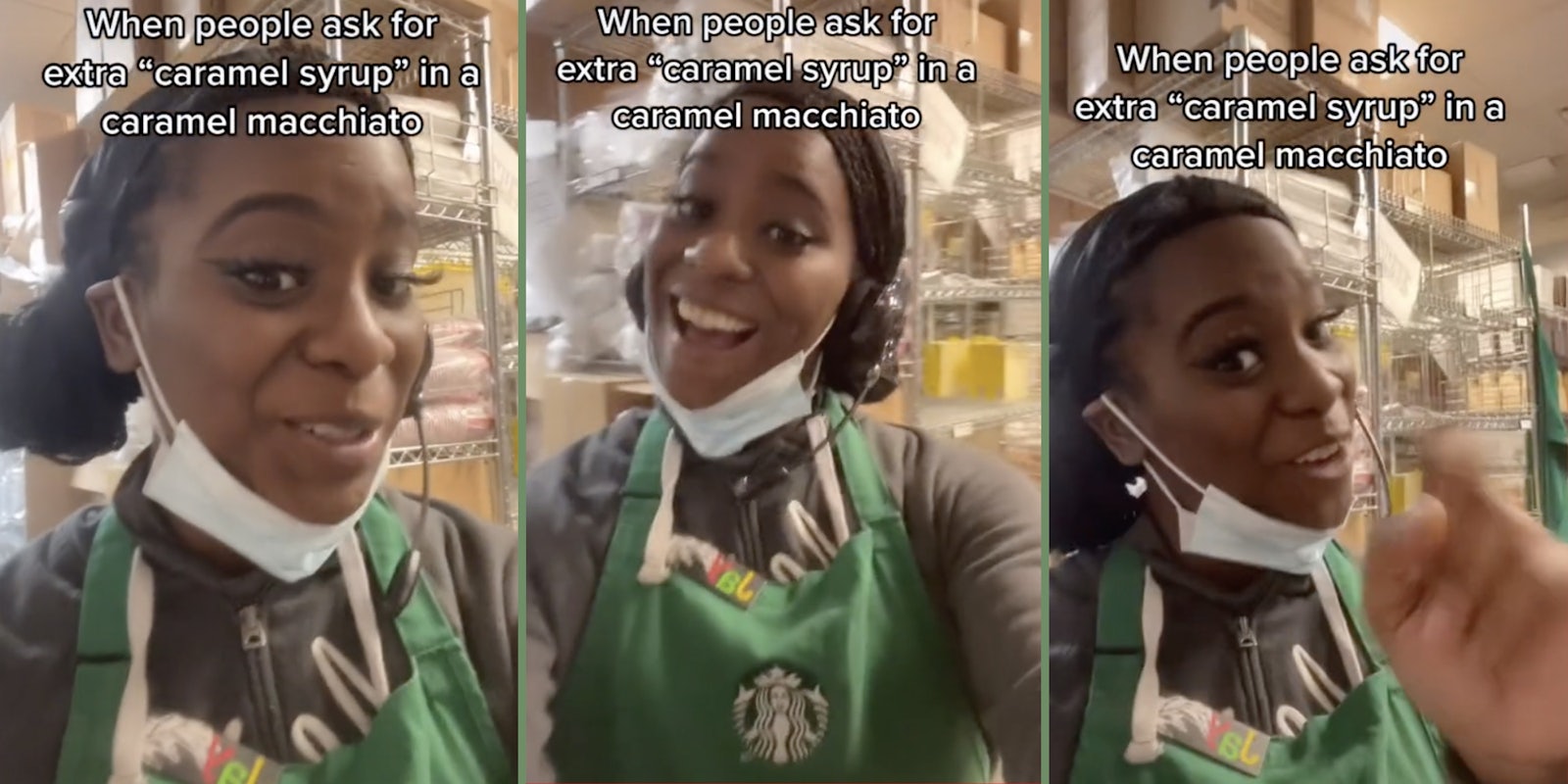 Starbucks worker's TikTok about customers who order caramel syrup in caramel macchiatos sparks debate. Employee sings along to audio in green Starbucks apron.