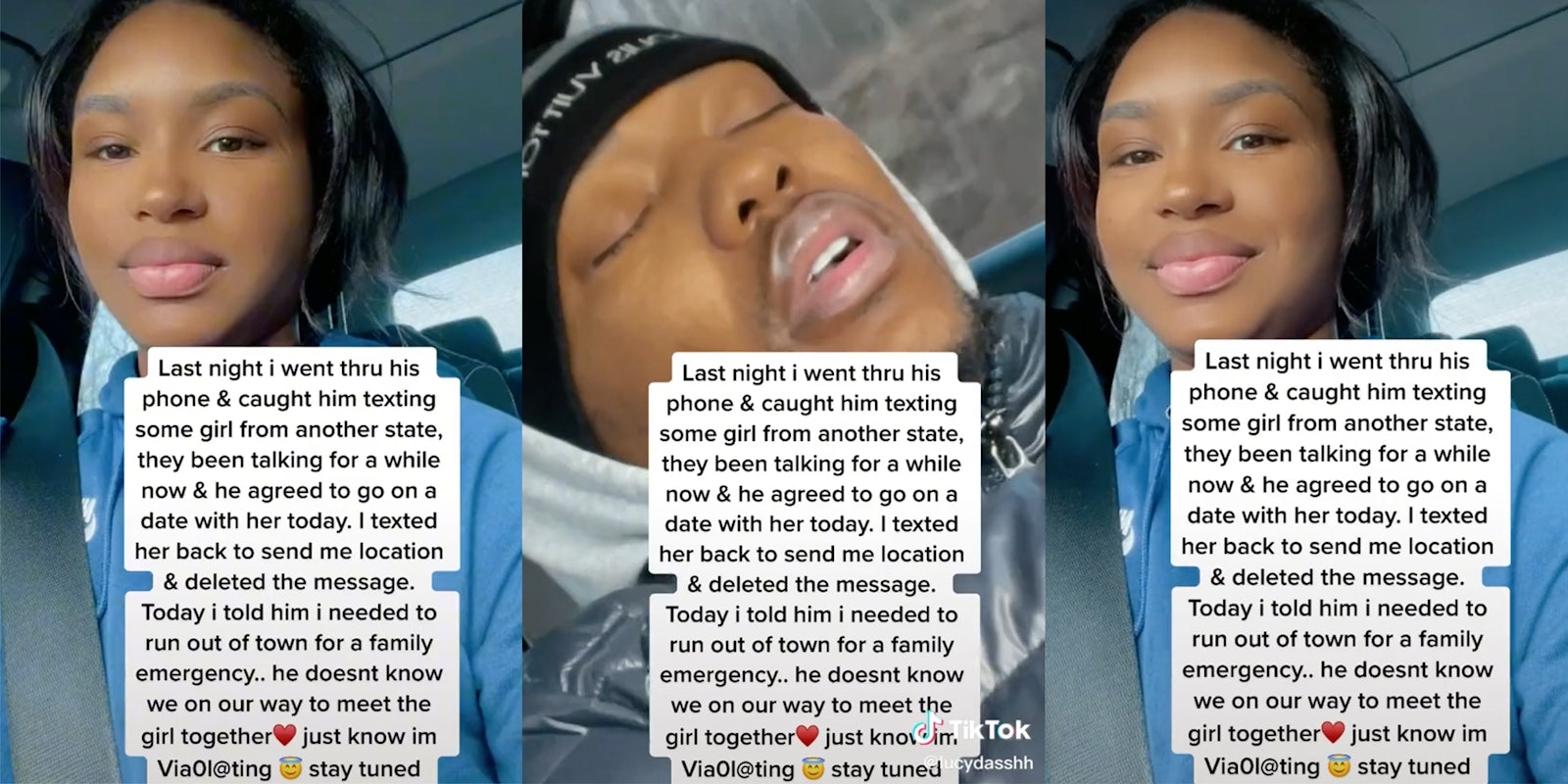 TikToker says she tricked her boyfriend into roadtrip to meet woman he was cheating with.